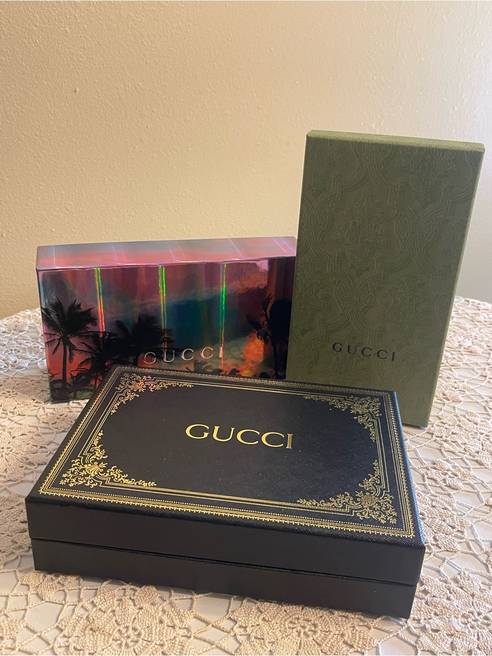 Gucci Black Box with product bags Gold Trim and Green Sleeve
